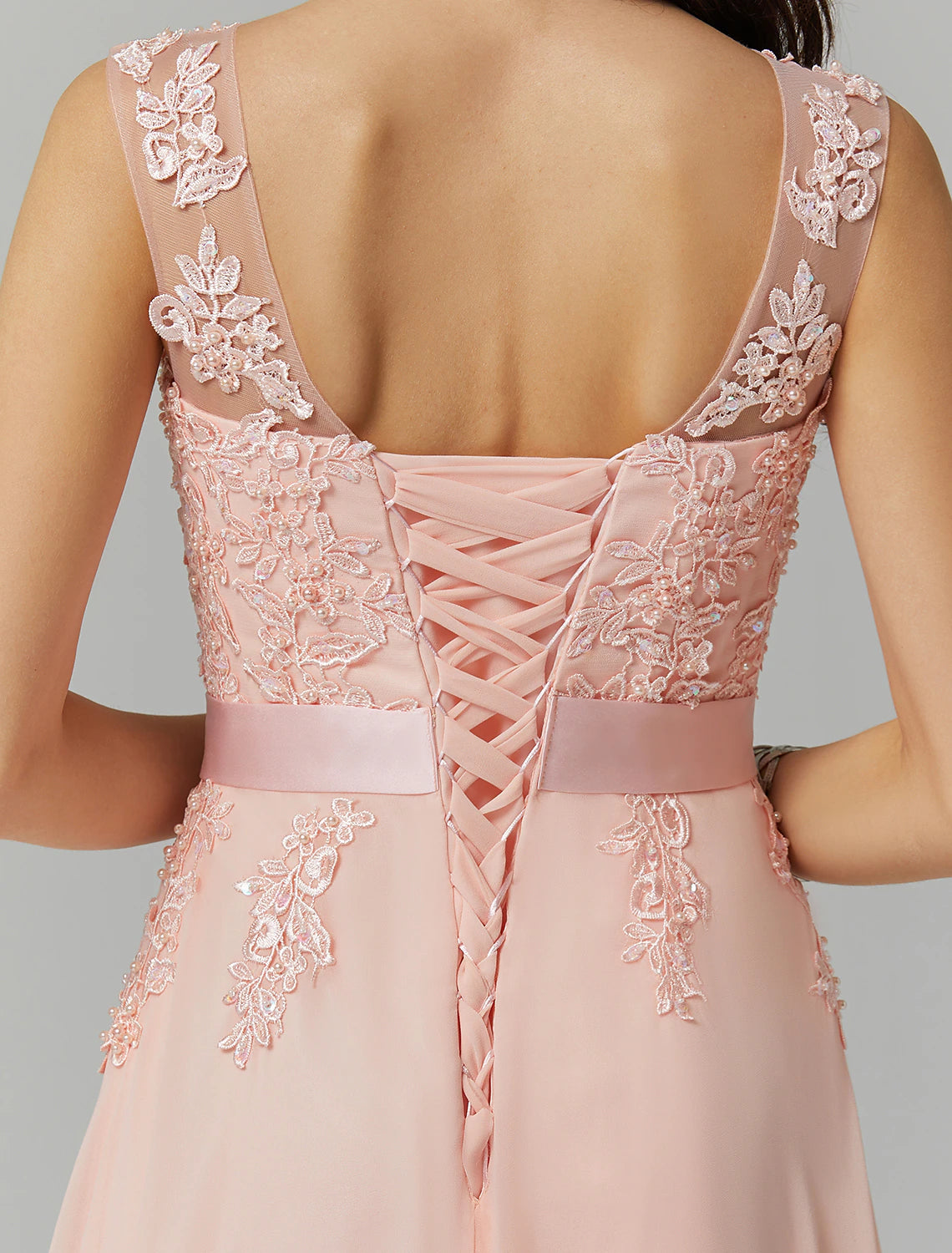 Wholesale A-Line Evening Gown High Waisted Prom Dress Bridesmaid Wedding Guest Chiffon Floor Length Sleeveless Illusion Neck Georgette with Appliques