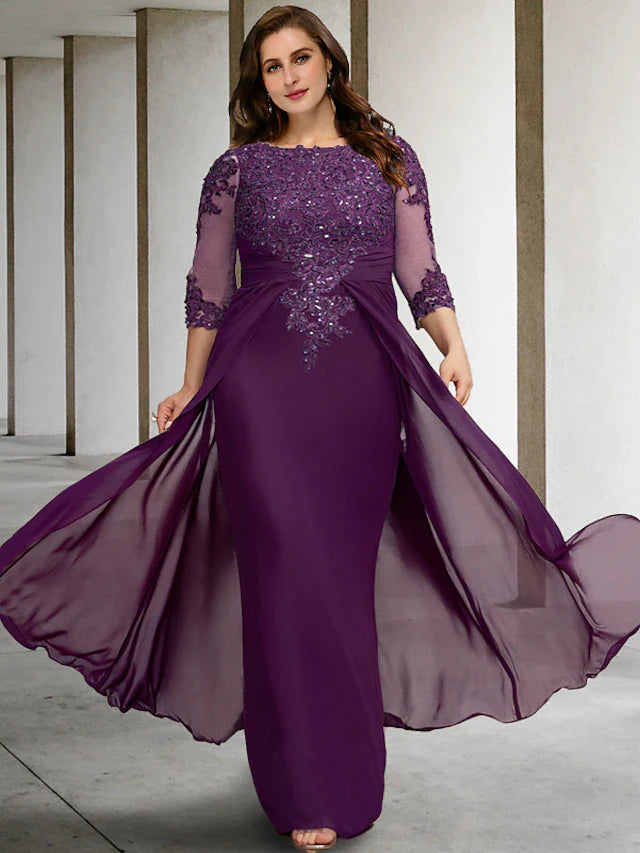 Wholesale Sheath / Column Plus Size Curve Mother of the Bride Dresses Luxurious Dress Formal Floor Length Half Sleeve Jewel Neck Chiffon with Ruched Beading Appliques