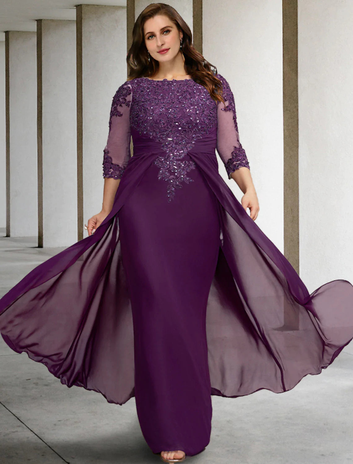 Wholesale Sheath / Column Plus Size Curve Mother of the Bride Dresses Elegant Dress Formal Wedding Guest Floor Length Half Sleeve Jewel Neck Chiffon with Ruched Beading Appliques