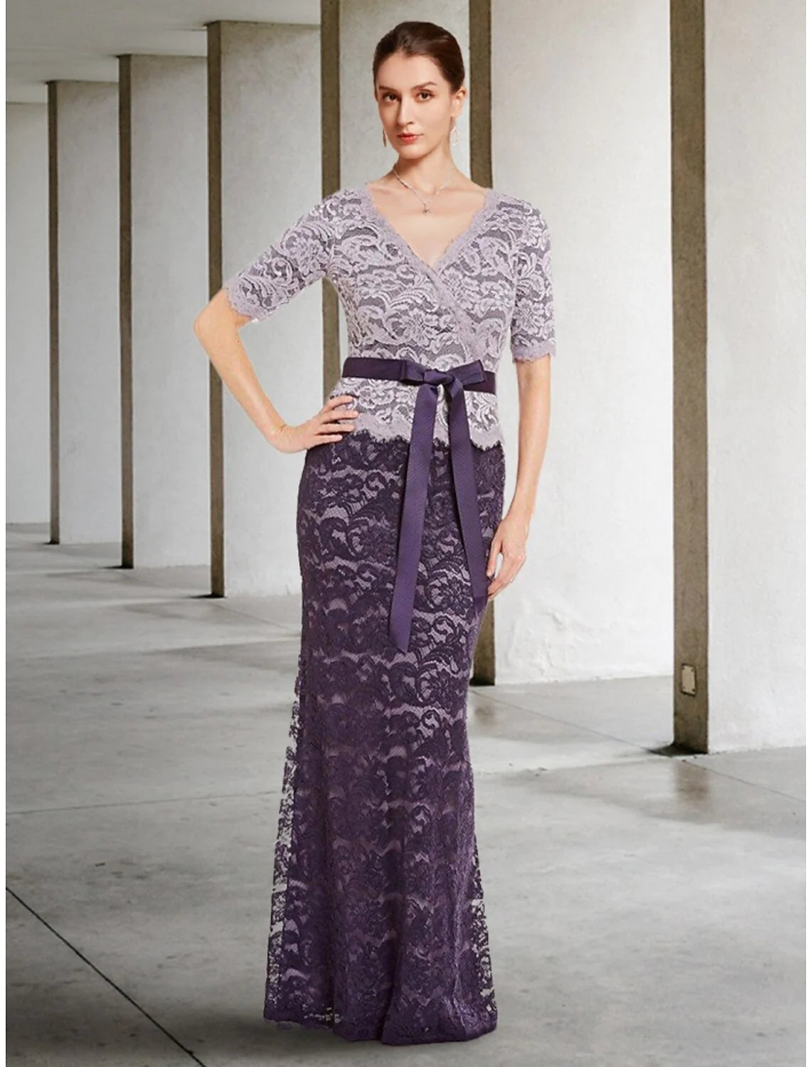 Wholesale A-Line Mother of the Bride Dress Wedding Guest Elegant V Neck Floor Length Lace Short Sleeve with Bow(s) Ruching