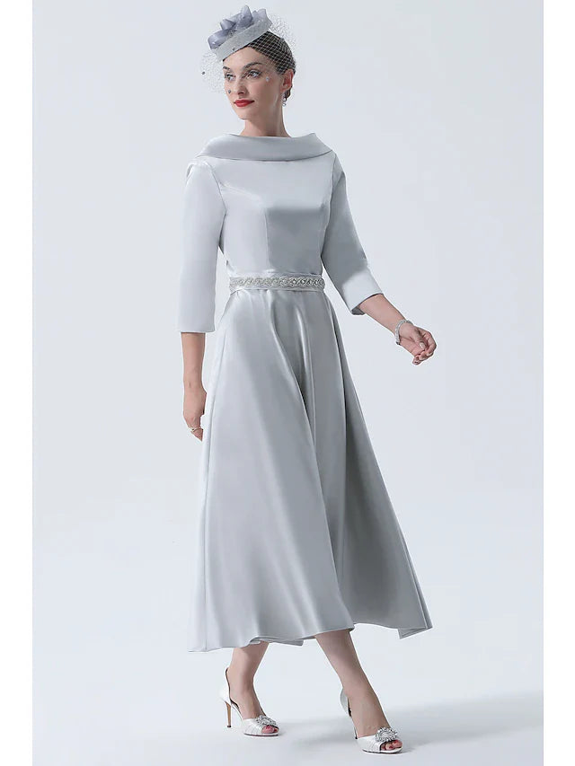 Wholesale A-Line Mother of the Bride Dress Wedding Guest Vintage Plus Size Elegant Bateau Neck Tea Length Satin 3/4 Length Sleeve with Beading