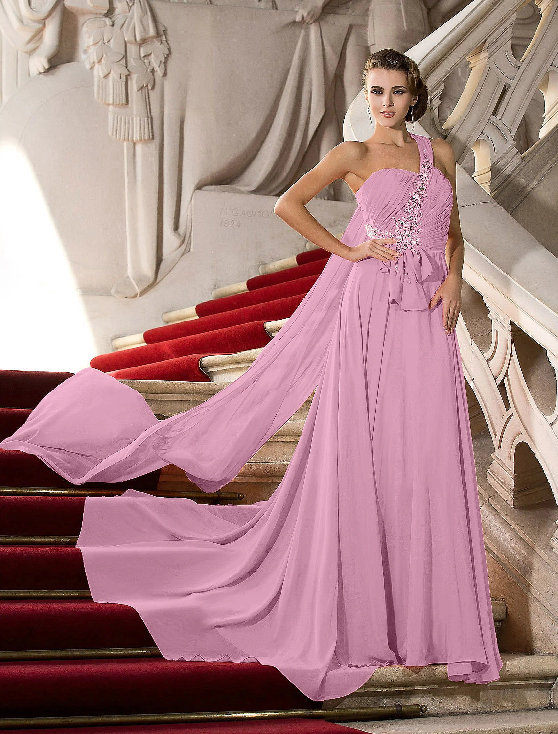 Wholesale  A-Line Elegant Dress Wedding Guest Engagement Court Train Sleeveless One Shoulder Chiffon with Crystals Draping