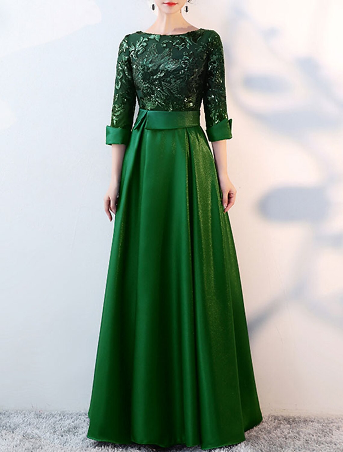 Wholesale  A-Line Glittering Elegant Prom Formal Evening Dress Jewel Neck 3/4 Length Sleeve Floor Length Satin with Sequin