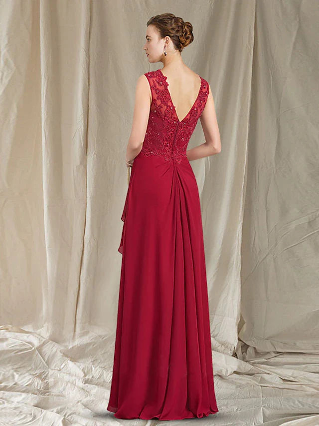 Wholesale A-Line Mother of the Bride Dress Elegant V Neck Floor Length Chiffon Lace Sleeveless with Pleats Beading Appliques