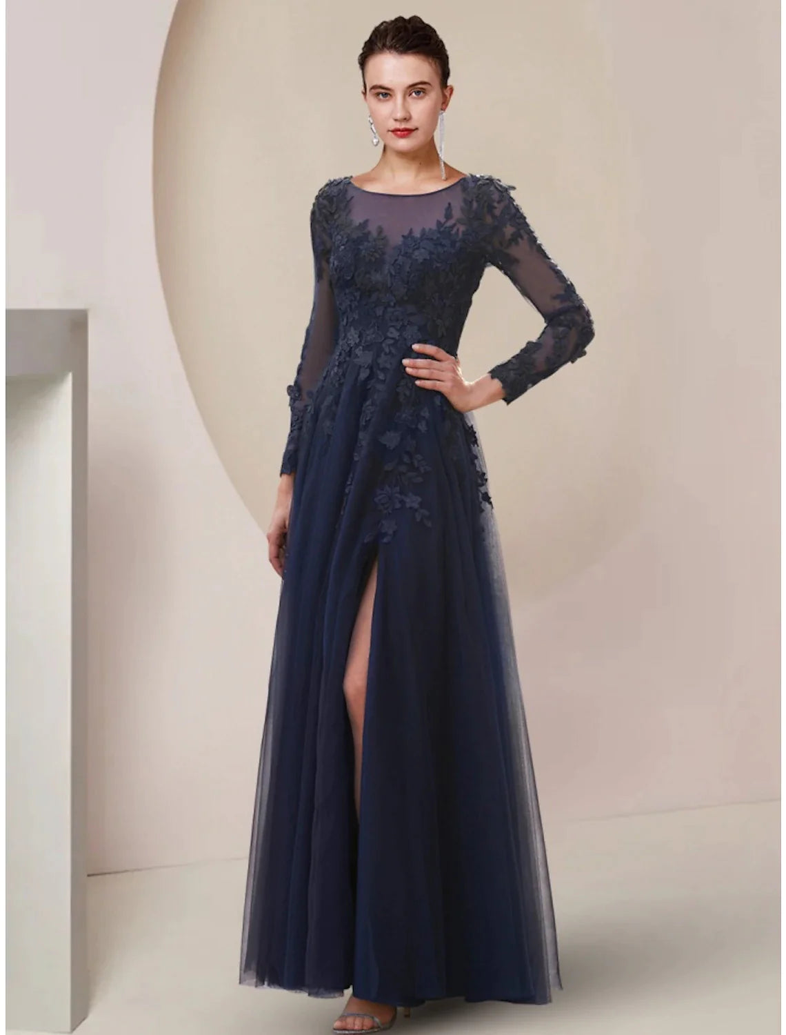 Wholesale A-Line Mother of the Bride Dress Wedding Guest Elegant Scoop Neck Ankle Length Lace Tulle Long Sleeve with Split Front Ruching