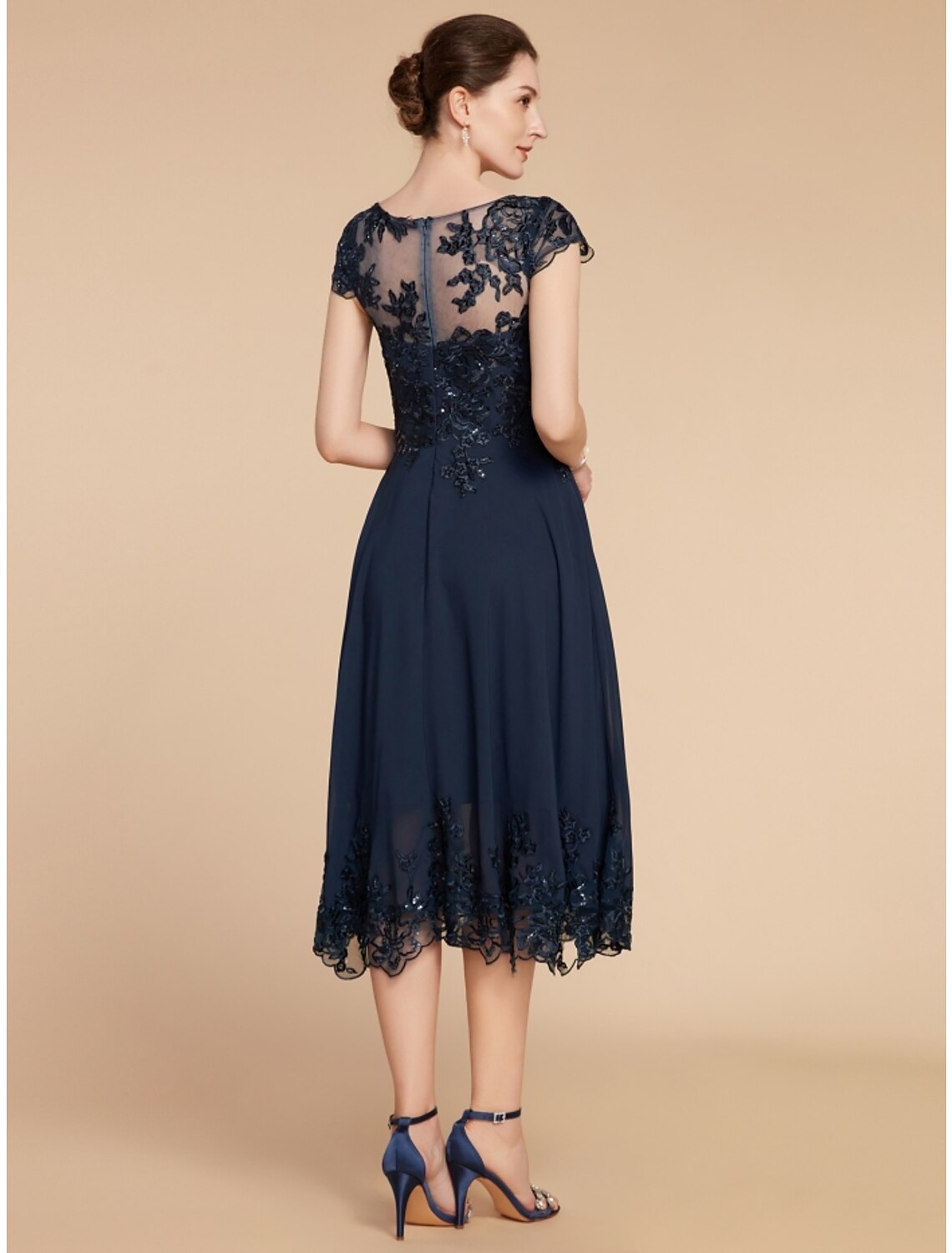 Wholesale A-Line Mother of the Bride Dress Wedding Guest Elegant Petite Scoop Neck Tea Length Chiffon Lace Cap Sleeve with Sequin Ruching Solid Color