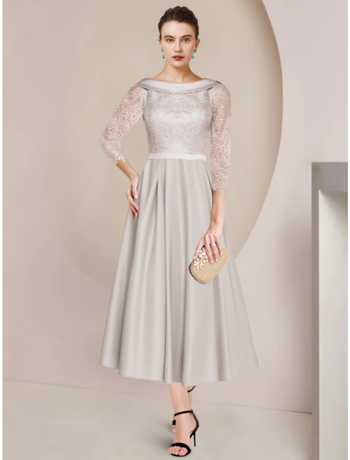 Wholesale  Sheath / Column Mother of the Bride Dress Wedding Guest Minimalist Elegant Scoop Neck Tea Length Satin Lace Half Sleeve with Ruching