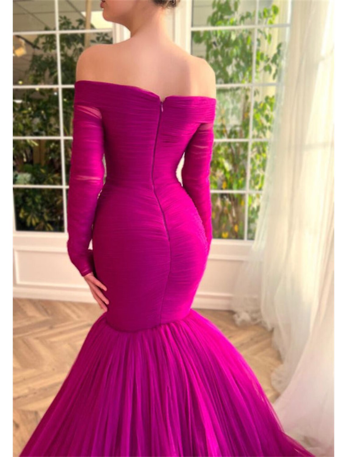 Wholesale Mermaid / Trumpet Evening Gown Elegant Dress Wedding Guest Wedding Party Court Train Long Sleeve Off Shoulder Tulle with Ruched