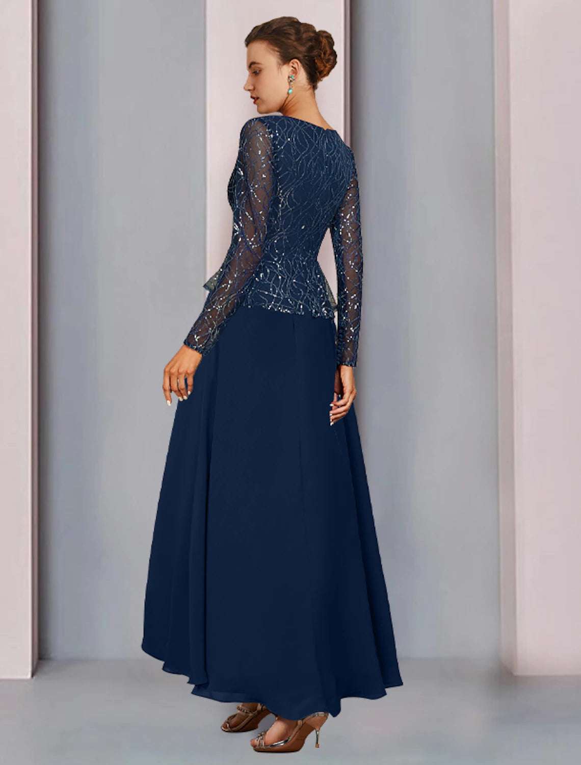 Wholesale  Sheath / Column Mother of the Bride Dress Wedding Guest Elegant Sparkle & Shine V Neck Asymmetrical Chiffon Lace Sequined Long Sleeve with Pleats
