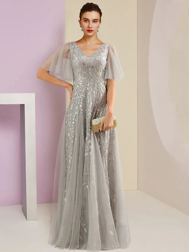 Wholesale Sheath / Column Mother of the Bride Dress Party Sparkle & Shine V Neck Floor Length Lace Tulle Short Sleeve with Pleats Sequin