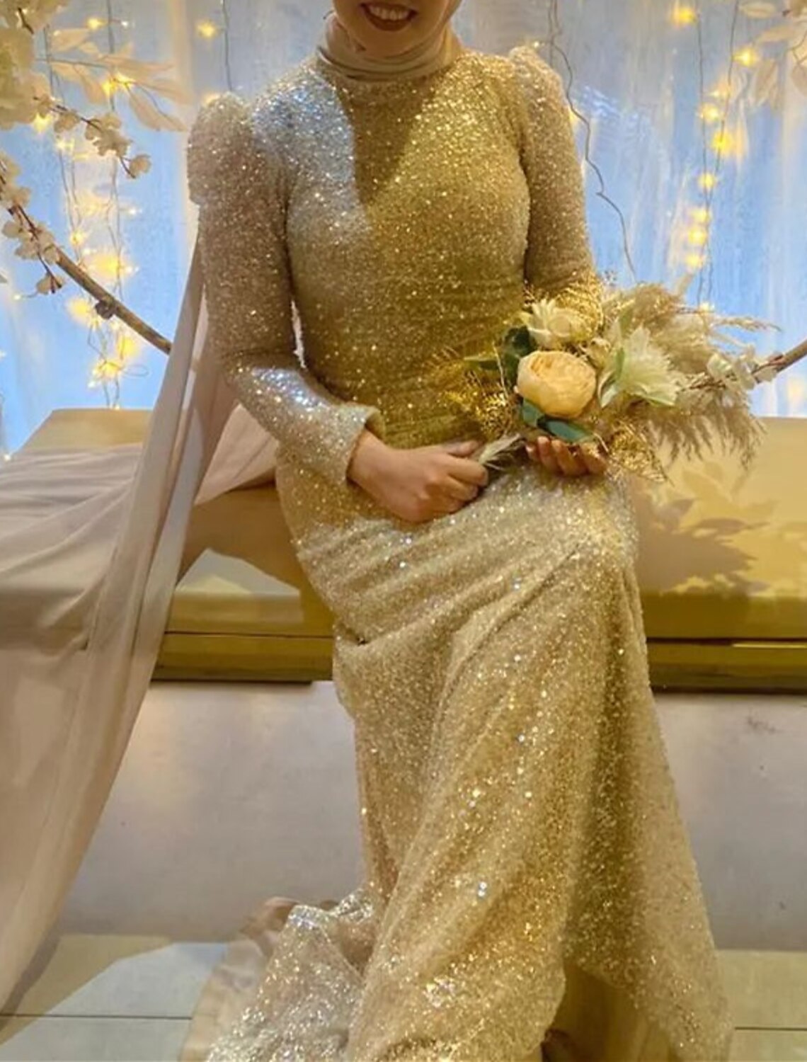 Wholesale Mermaid / Trumpet Evening Gown Elegant Dress Wedding Guest Sweep / Brush Train Long Sleeve High Neck Satin with Pearls Sequin Overskirt