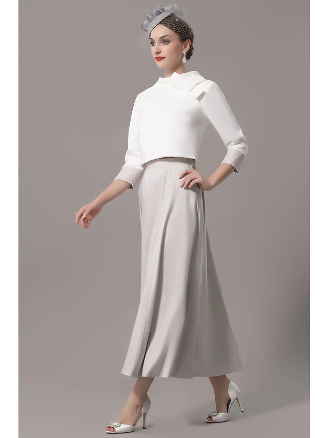 Wholesale Two Piece Mother of the Bride Dress Church Elegant Jewel Neck Ankle Length Stretch Satin 3/4 Length Sleeve with Bow(s)