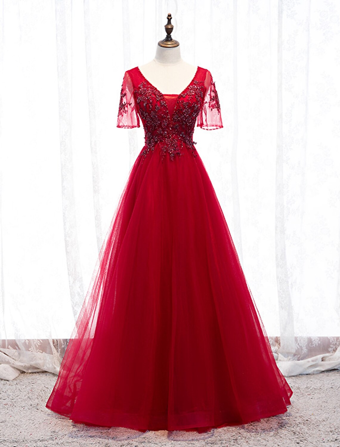 Wholesale A-Line Prom Dresses Luxurious Dress Wedding Guest Formal Evening Floor Length Short Sleeve Spaghetti Strap Tulle with Beading Appliques