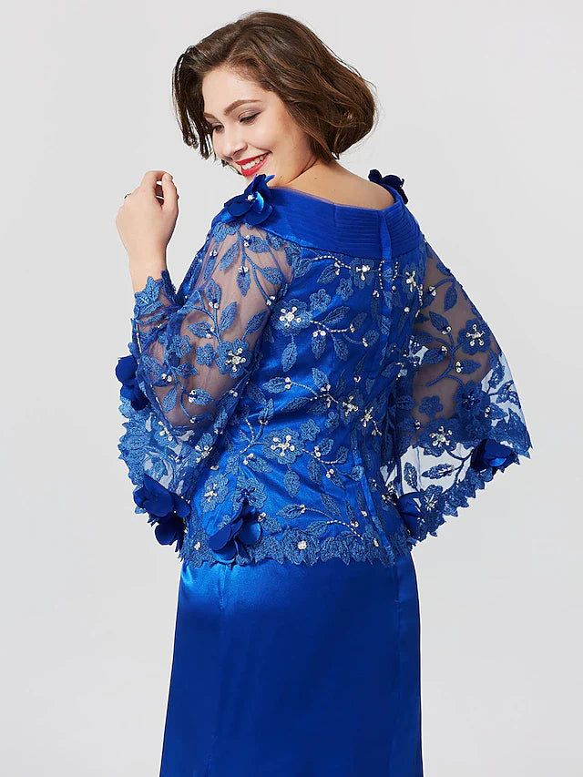 Wholesale Mermaid / Trumpet Mother of the Bride Dress Formal Plus Size Elegant Bateau Neck Sweep / Brush Train Lace Over Charmeuse Long Sleeve No with Pleats Ruffles