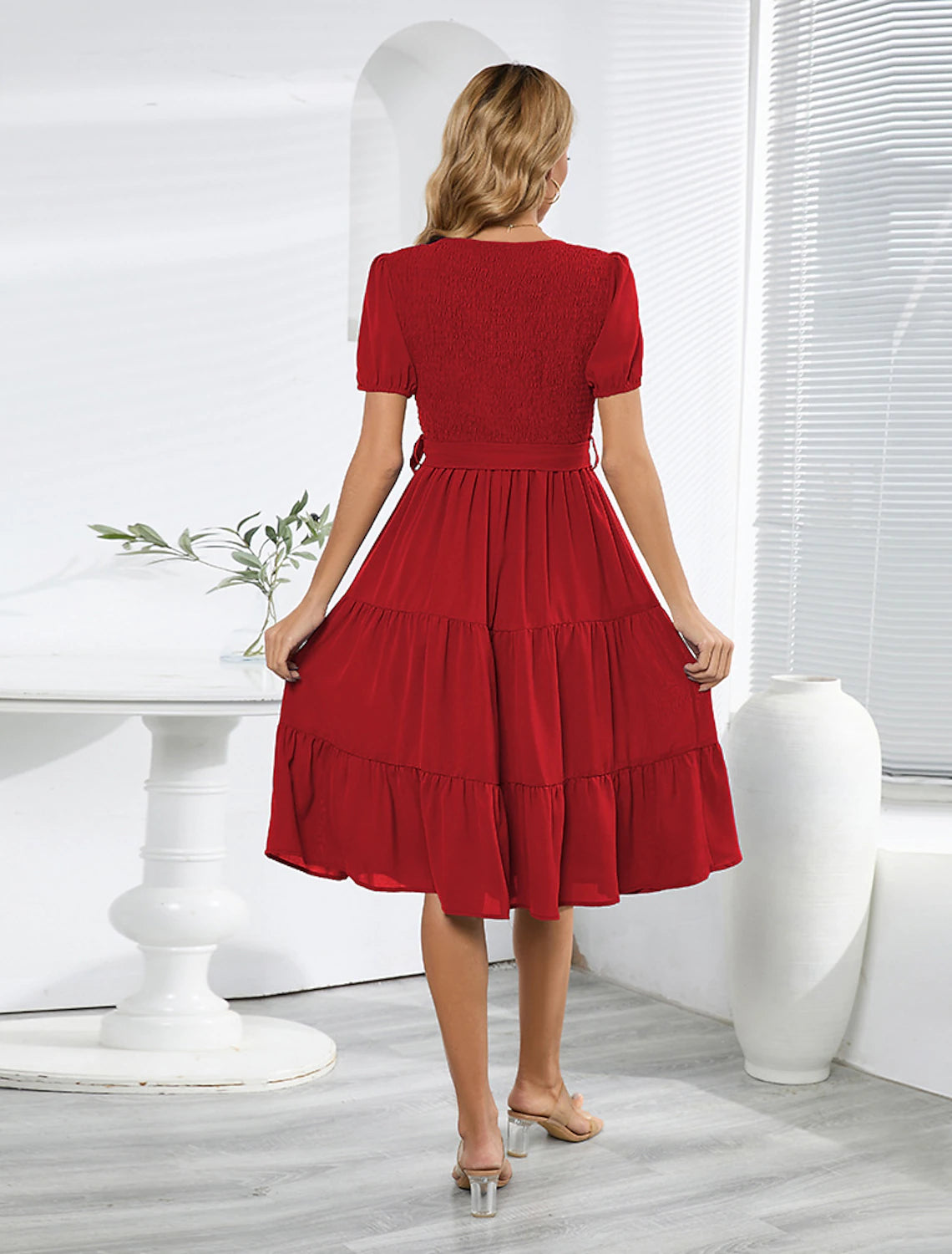 Wholesale A-Line Cocktail Dresses Party Dress Wedding Guest Cocktail Party Knee Length Short Sleeve Jewel Neck Belt / Sash Spandex with Pleats Ruched