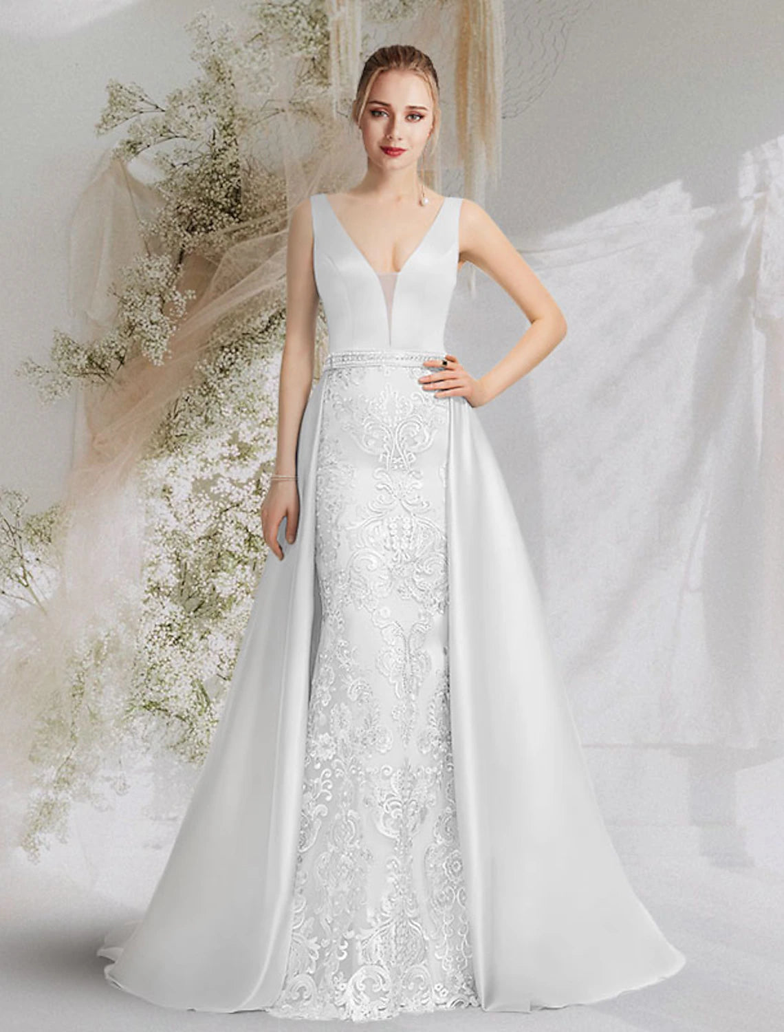 Wholesale  Mermaid / Trumpet Prom Dresses Luxurious Dress Formal Evening Birthday Court Train Sleeveless V Neck Satin with Overskirt Appliques