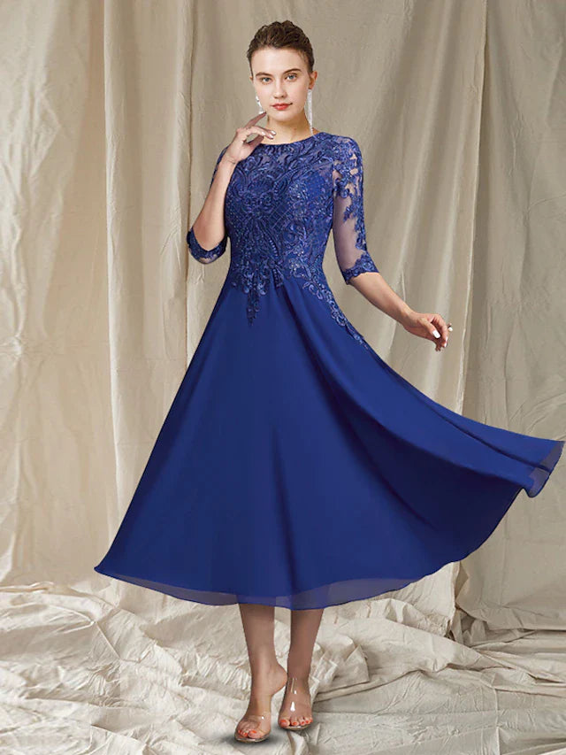 Wholesale A-Line Mother of the Bride Dress Elegant Jewel Neck Tea Length Chiffon Lace Half Sleeve with Sequin Appliques
