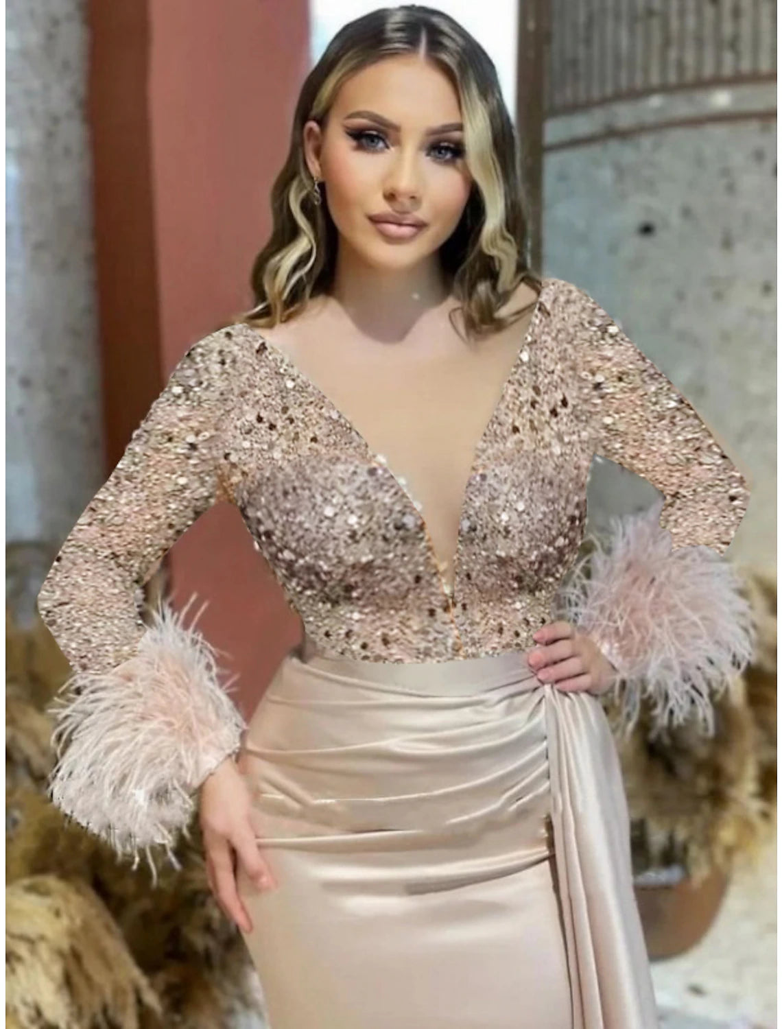 Wholesale Mermaid Plus Size Dress Champagne Satin Evening Gown Sparkle Sequin Dress Walk Through Formal Wedding Court Train Long Sleeve V Neck with Feather Glitter Ruched