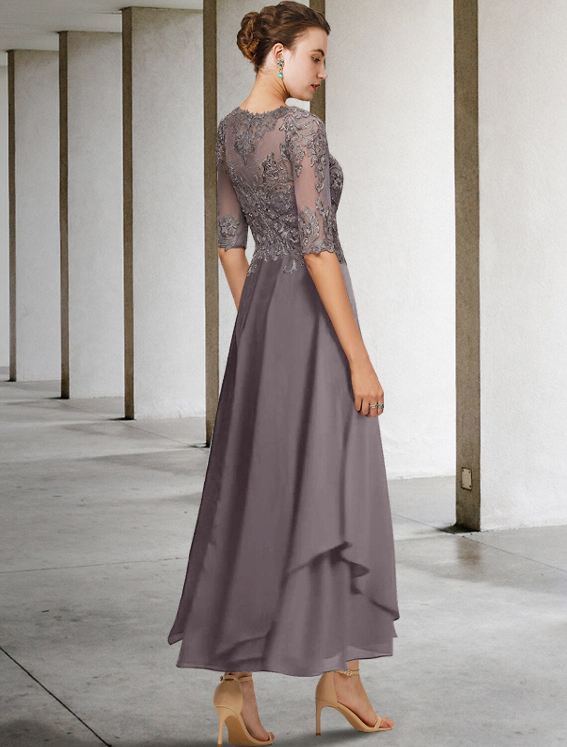 Wholesale  A-Line Mother of the Bride Dress Formal Wedding Guest Elegant Scoop Neck Asymmetrical Ankle Length Chiffon Lace Half Sleeve No with Beading Appliques