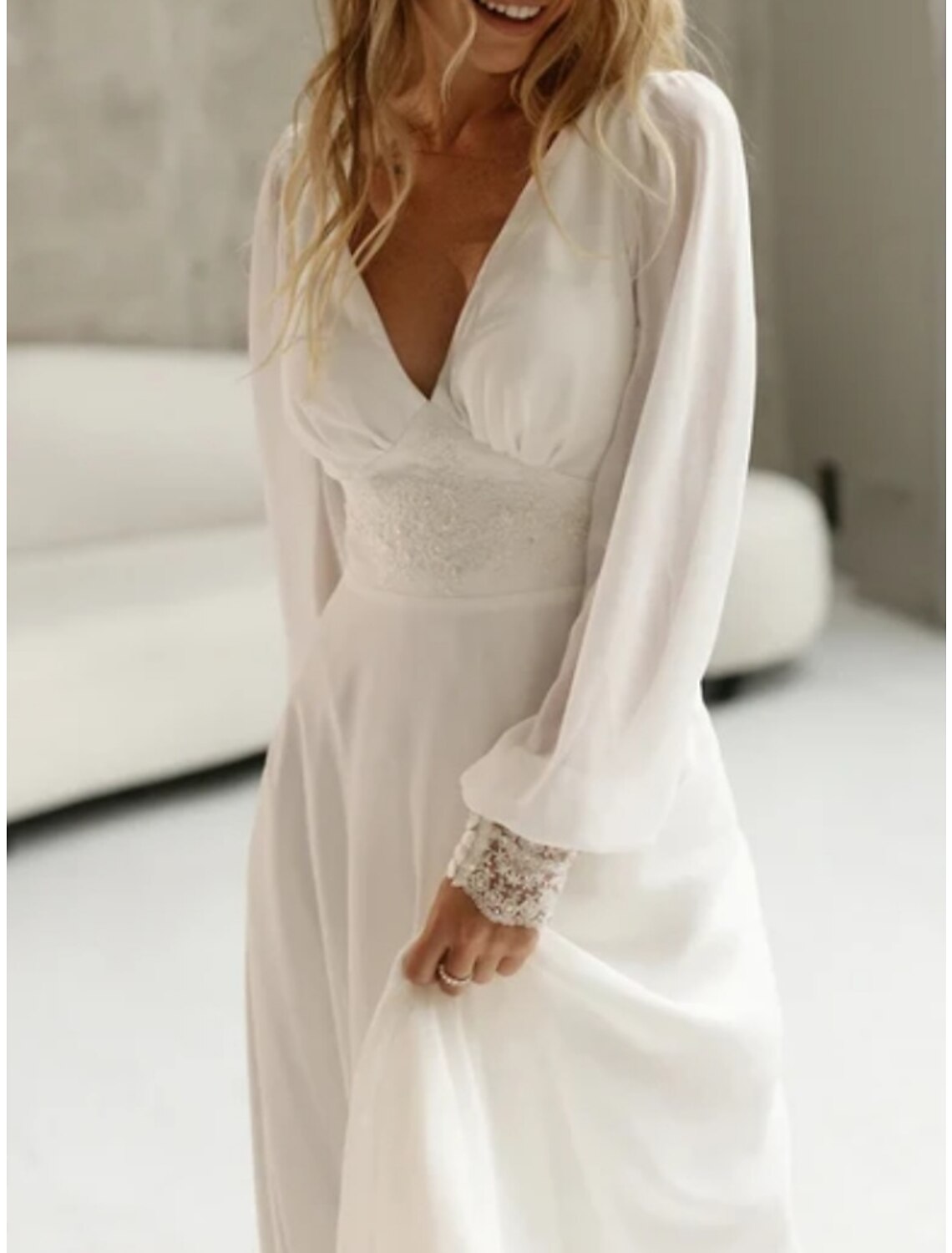 Wholesale Beach Simple Wedding Dresses Formal Wedding Dresses A-Line Illusion Neck Long Sleeve Floor Length Tulle Bridal Gowns With Ruched Beading