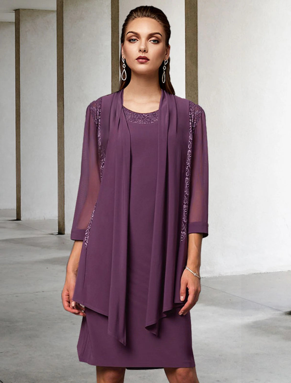 Wholesale  Two Piece Sheath / Column Mother of the Bride Dress Elegant Jewel Neck Knee Length Chiffon Lace Sleeveless Jacket Dresses with Solid