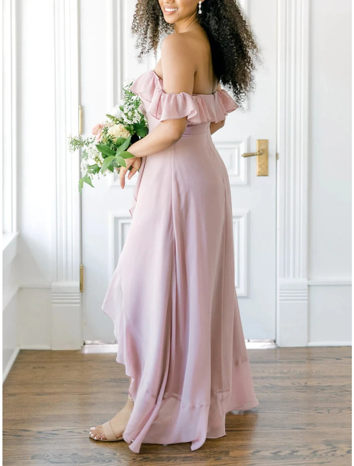 Wholesale A-Line Bridesmaid Dress Off Shoulder Short Sleeve Elegant Asymmetrical Chiffon with Ruffles / Split Front / Ruching
