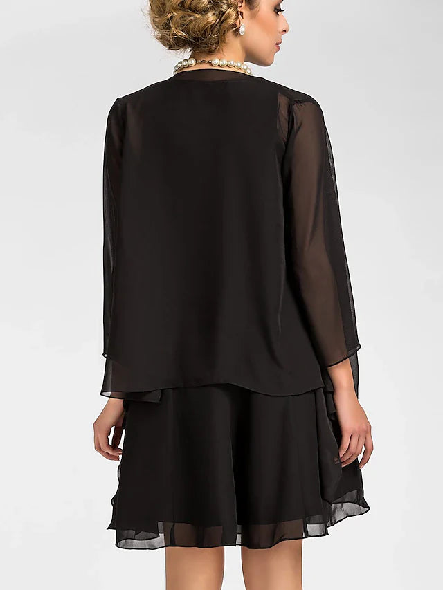 Wholesale A-Line Mother of the Bride Dress Wrap Included Jewel Neck Knee Length Chiffon 3/4 Length Sleeve with Draping