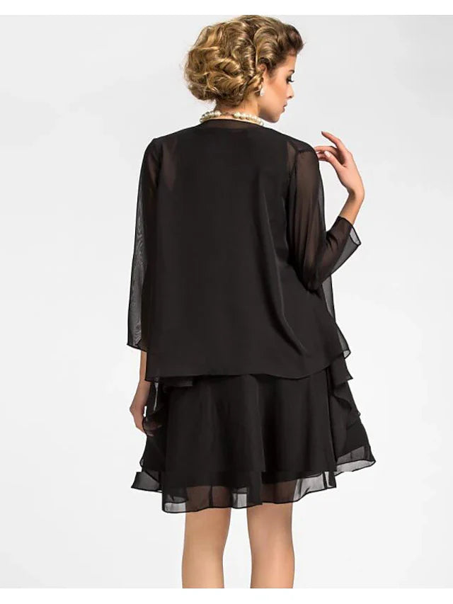 Wholesale A-Line Mother of the Bride Dress Wrap Included Jewel Neck Knee Length Chiffon 3/4 Length Sleeve with Draping