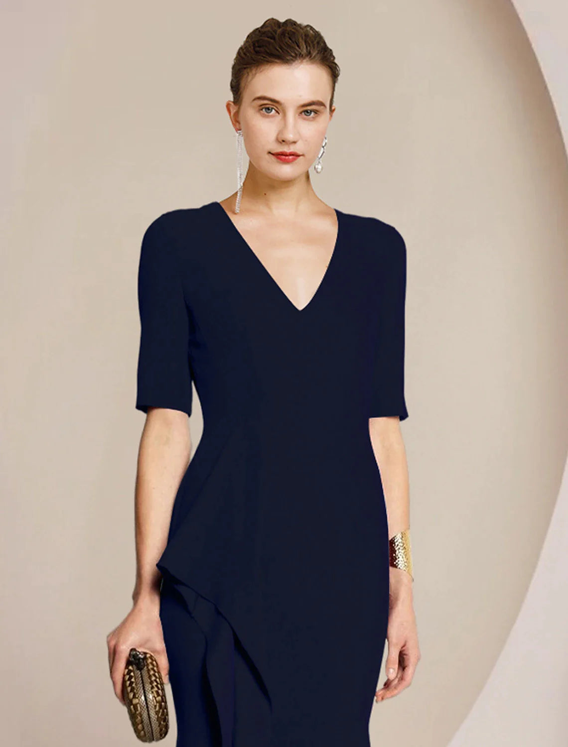 Wholesale Sheath / Column Mother of the Bride Dress Formal Wedding Guest Elegant V Neck Floor Length Satin Half Sleeve with Split Front Ruching