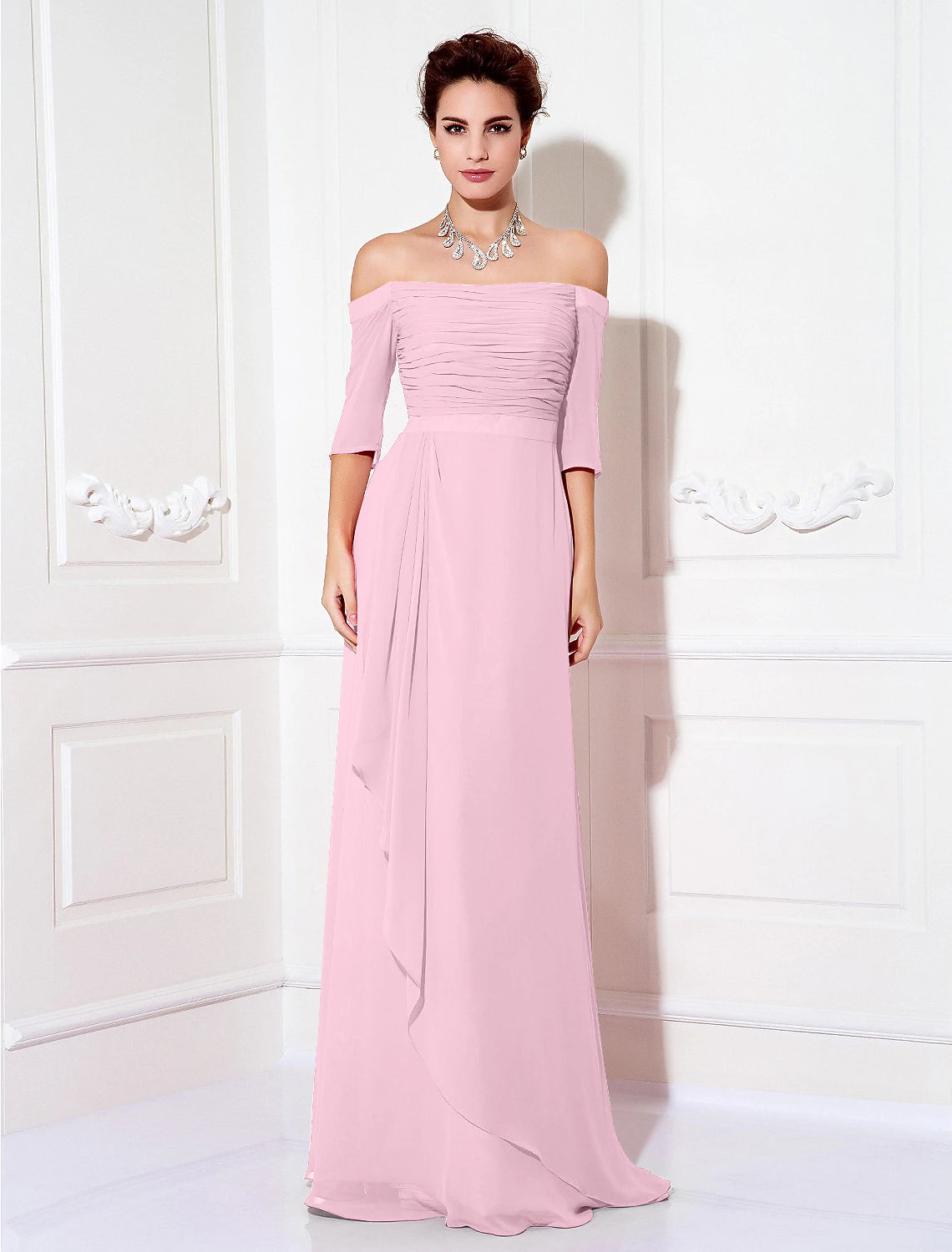Wholesale  Sheath / Column Minimalist Dress Wedding Guest Formal Evening Sweep / Brush Train Half Sleeve Off Shoulder Bridesmaid Dress Chiffon with Ruched Draping