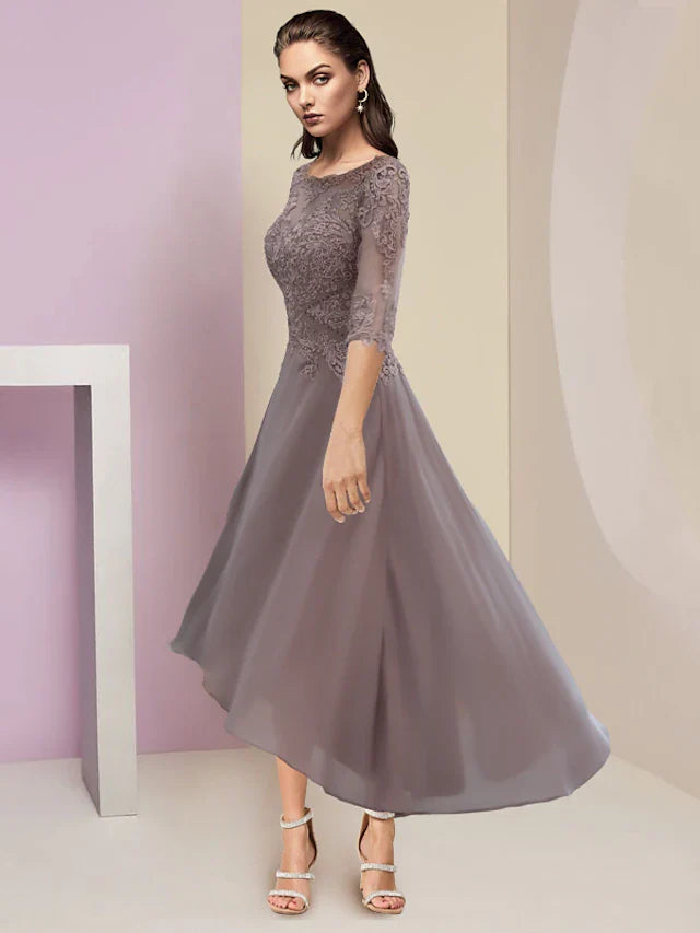 Wholesale A-Line Mother of the Bride Dress Elegant High Low Jewel Neck Asymmetrical Ankle Length Chiffon Lace Half Sleeve with Pleats Appliques