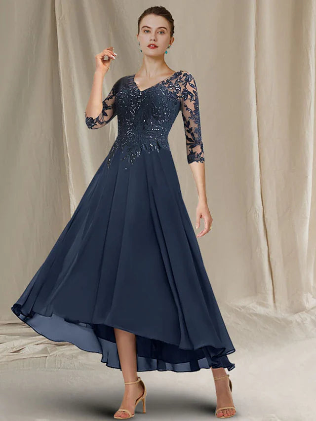 Wholesale A-Line Mother of the Bride Dress Elegant Sparkle & Shine High Low V Neck Asymmetrical Tea Length Chiffon Lace Half Sleeve with Sequin Ruffles Appliques