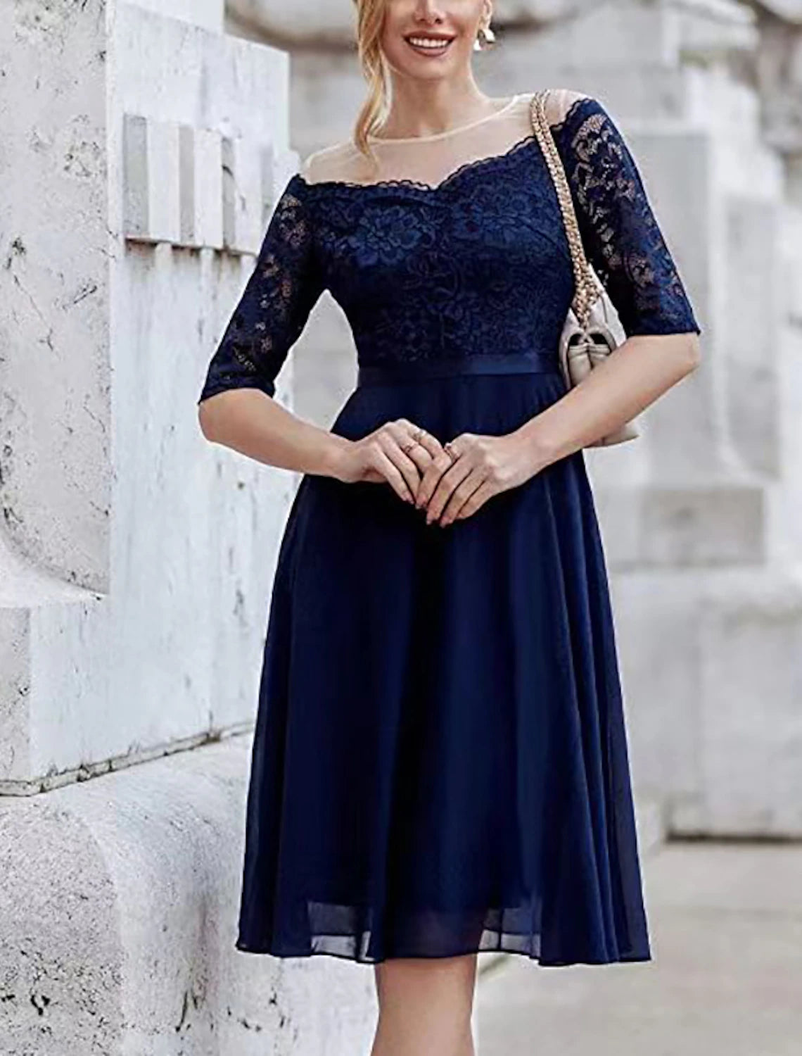 Wholesale A-Line Cocktail Dresses Vintage Dress Party Wear Cocktail Party Knee Length Half Sleeve Jewel Neck Fall Wedding Guest Lace with Pleats