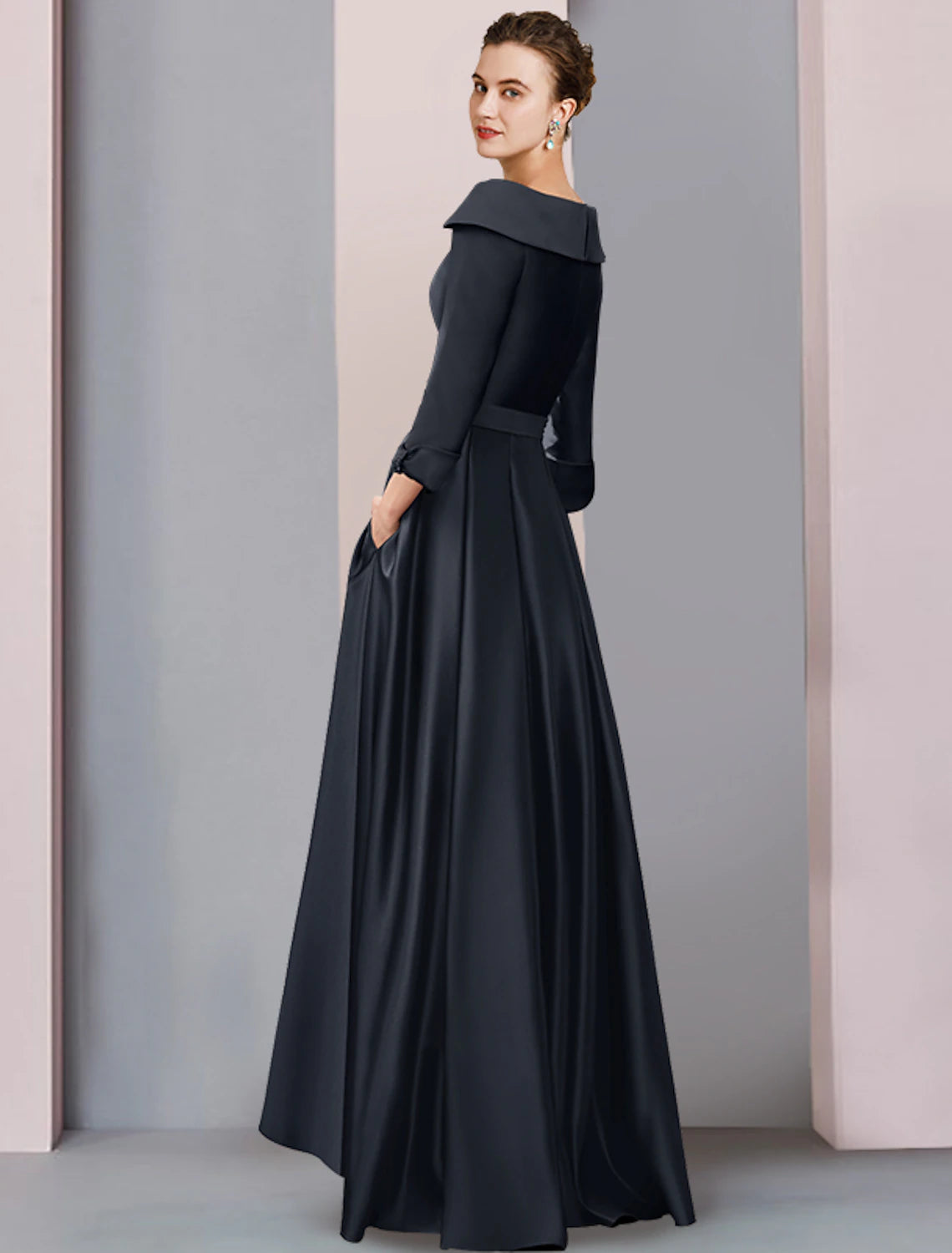 Wholesale  A-Line Mother of the Bride Dress Wedding Guest Elegant High Low Scoop Neck Asymmetrical Tea Length Satin 3/4 Length Sleeve with Bow(s) Pleats