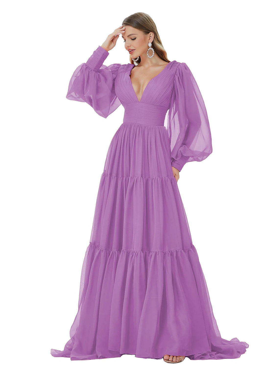 Wholesale  A-Line Prom Dresses Sexy Dress Party Wear Formal Evening Sweep / Brush Train Long Sleeve V Neck Chiffon with Ruched