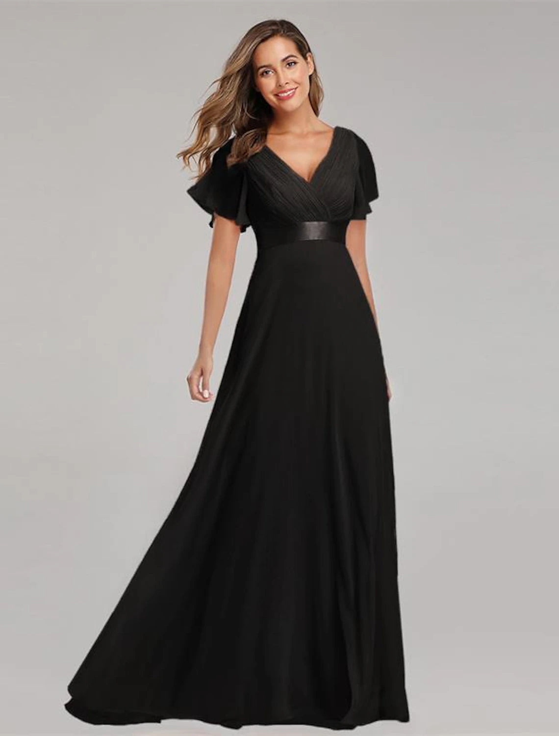 Wholesale  A-Line Prom Dresses Maxi Dress Fall Wedding Guest Dress For Bridesmaid Floor Length Short Sleeve V Neck Chiffon V Back with Ruched Ruffles