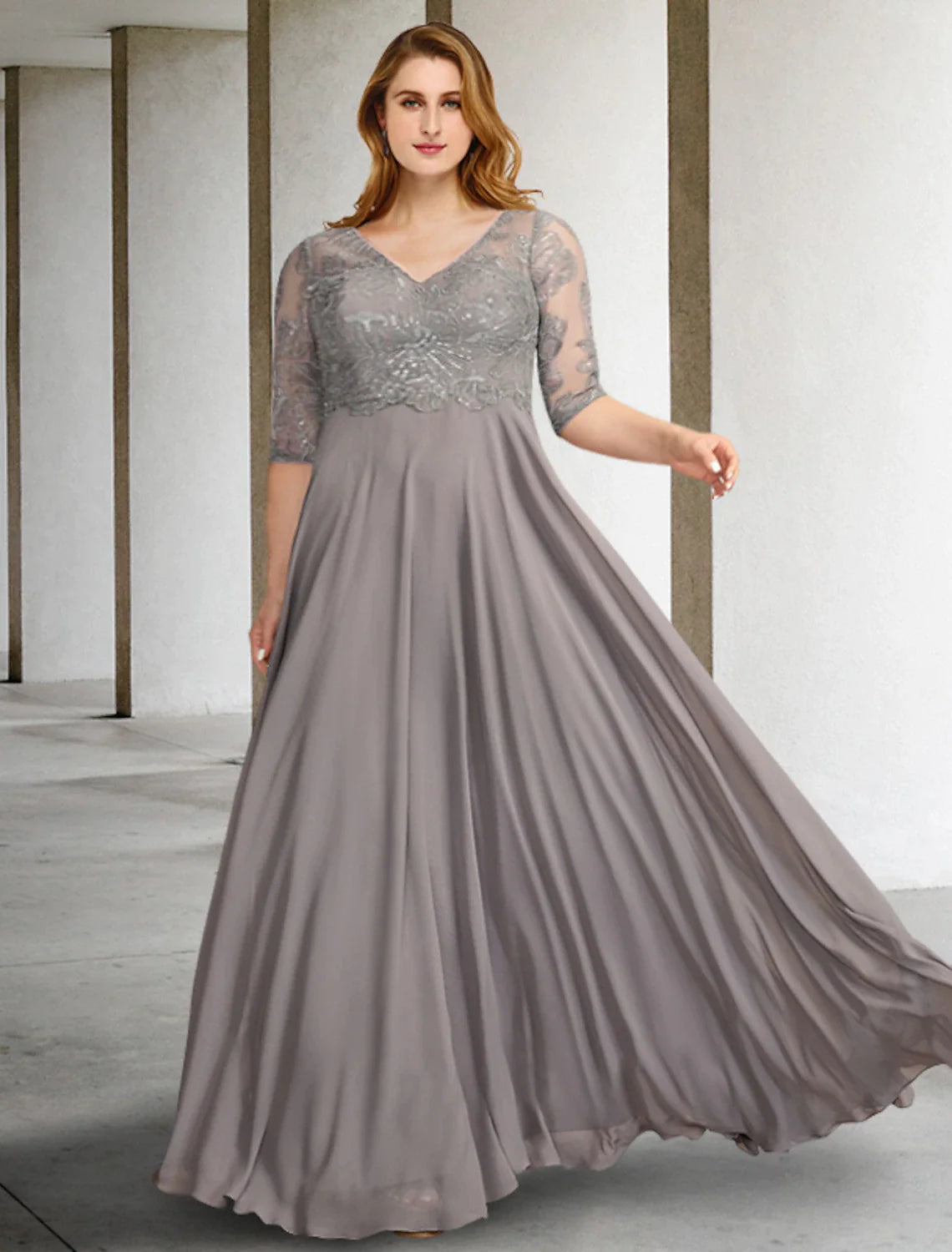 Wholesale A-Line Mother of the Bride Dresses Plus Size Hide Belly Curve Elegant Dress Formal Floor Length Half Sleeve V Neck Chiffon with Pleats Sequin Appliques
