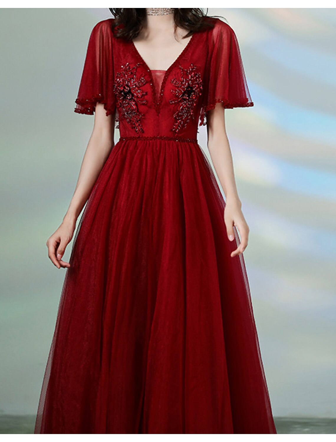 Wholesale A-Line Prom Dresses Luxurious Dress Wedding Guest Formal Evening Floor Length Short Sleeve Spaghetti Strap Tulle with Beading Appliques