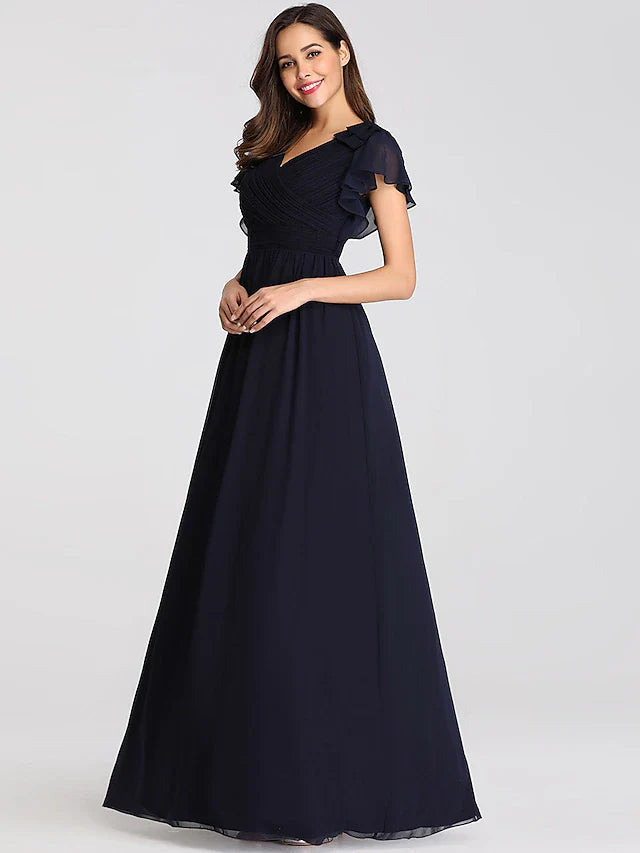 Wholesale A-Line Mother of the Bride Dress Plus Size V Neck Floor Length Chiffon Short Sleeve with Ruffles Ruching