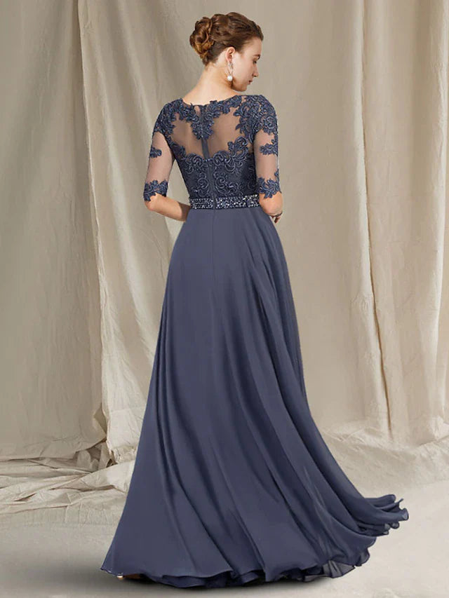 Wholesale A-Line Mother of the Bride Dress Luxurious Elegant Jewel Neck Floor Length Chiffon Lace Tulle Half Sleeve with Crystals Appliques