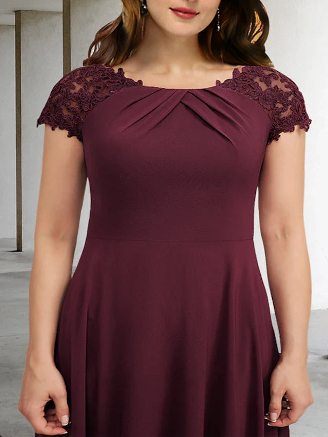 Wholesale A-Line Plus Size Curve Mother of the Bride Dresses Elegant Dress Formal Floor Length Short Sleeve Jewel Neck Chiffon with Pleats Appliques