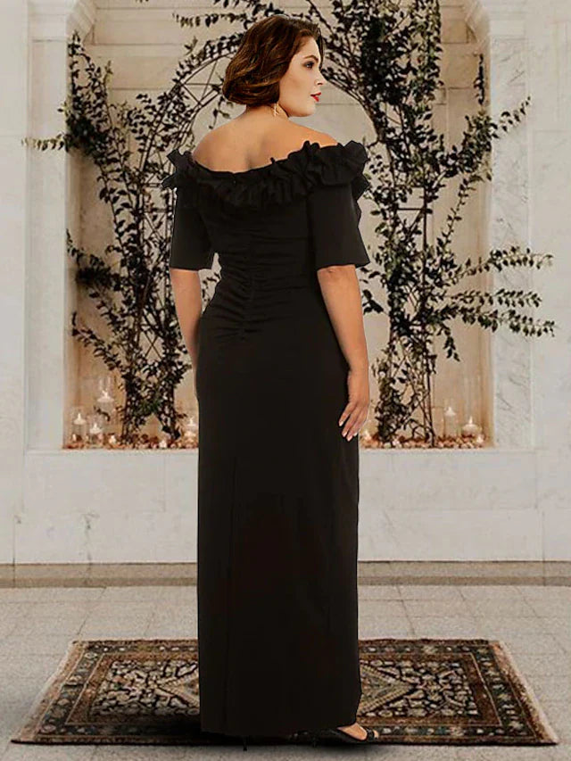 Wholesale Sheath / Column Mother of the Bride Dress Plus Size Elegant Off Shoulder Floor Length Chiffon Half Sleeve with Ruching