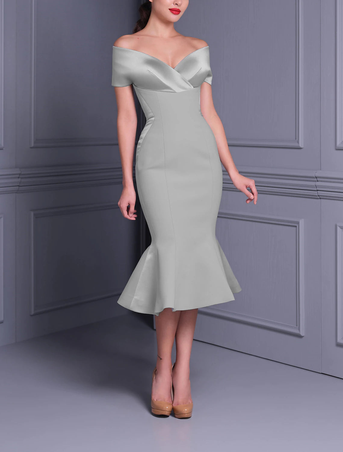 Wholesale Mermaid / Trumpet Cocktail Dresses Elegant Dress Graduation Wedding Guest Tea Length Short Sleeve Off Shoulder Charmeuse with Sleek