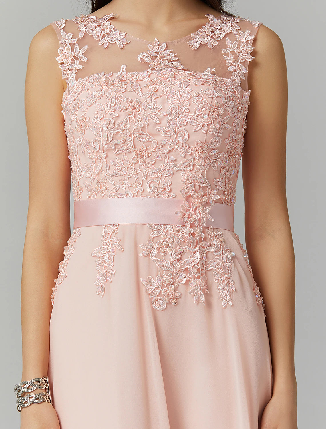 Wholesale A-Line Evening Gown High Waisted Prom Dress Bridesmaid Wedding Guest Chiffon Floor Length Sleeveless Illusion Neck Georgette with Appliques