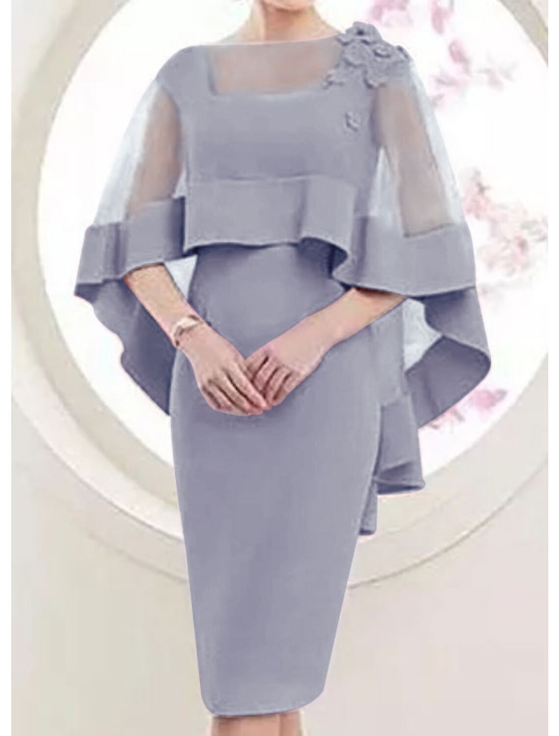 Wholesale Sheath / Column Mother of the Bride Dress Elegant Square Neck Knee Length Satin Tulle 3/4 Length Sleeve with Appliques