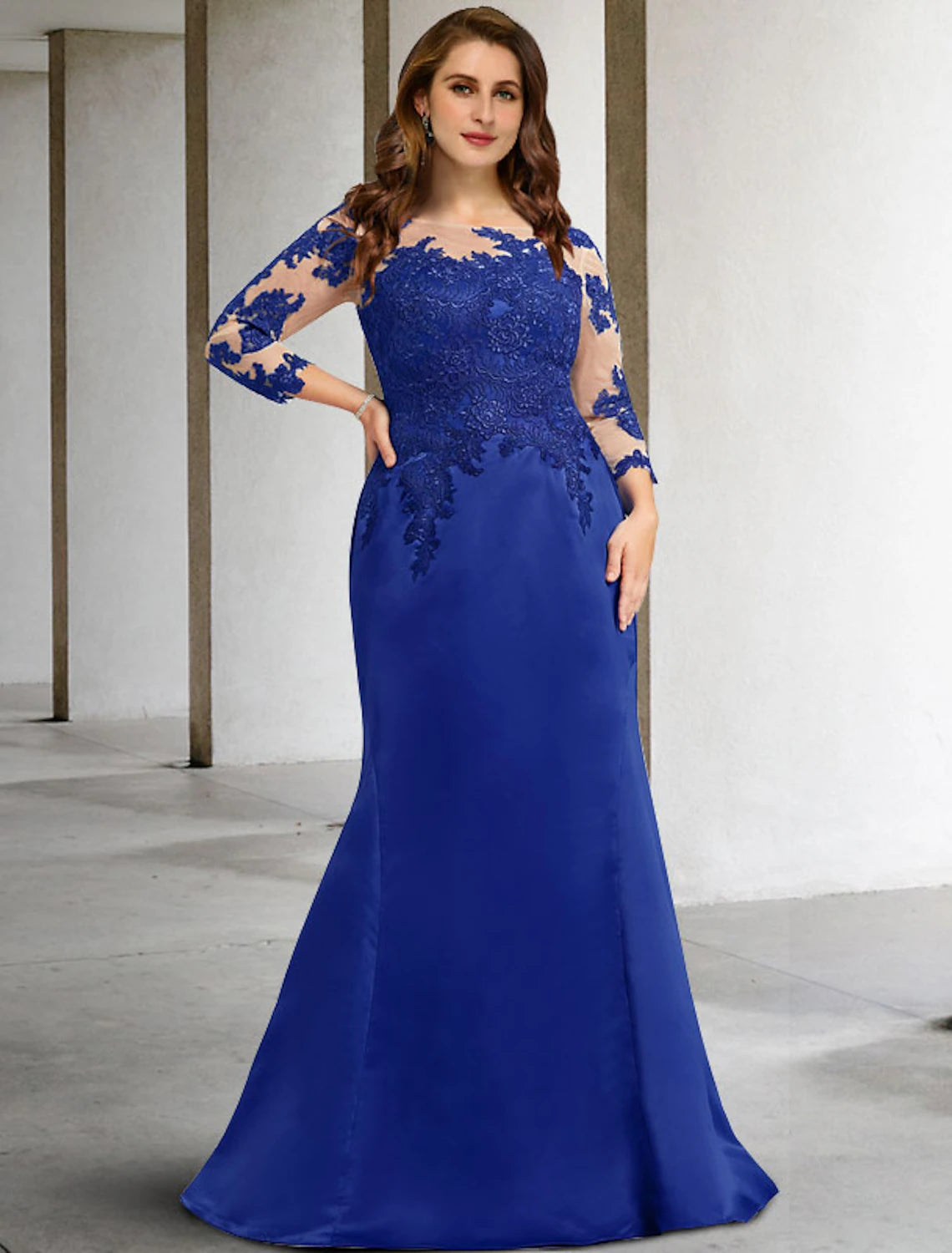 Wholesale  Mermaid / Trumpet Mother of the Bride Dress Plus Size Hide Belly Elegant Jewel Neck Floor Length Chiffon Lace 3/4 Length Sleeve No with Appliques