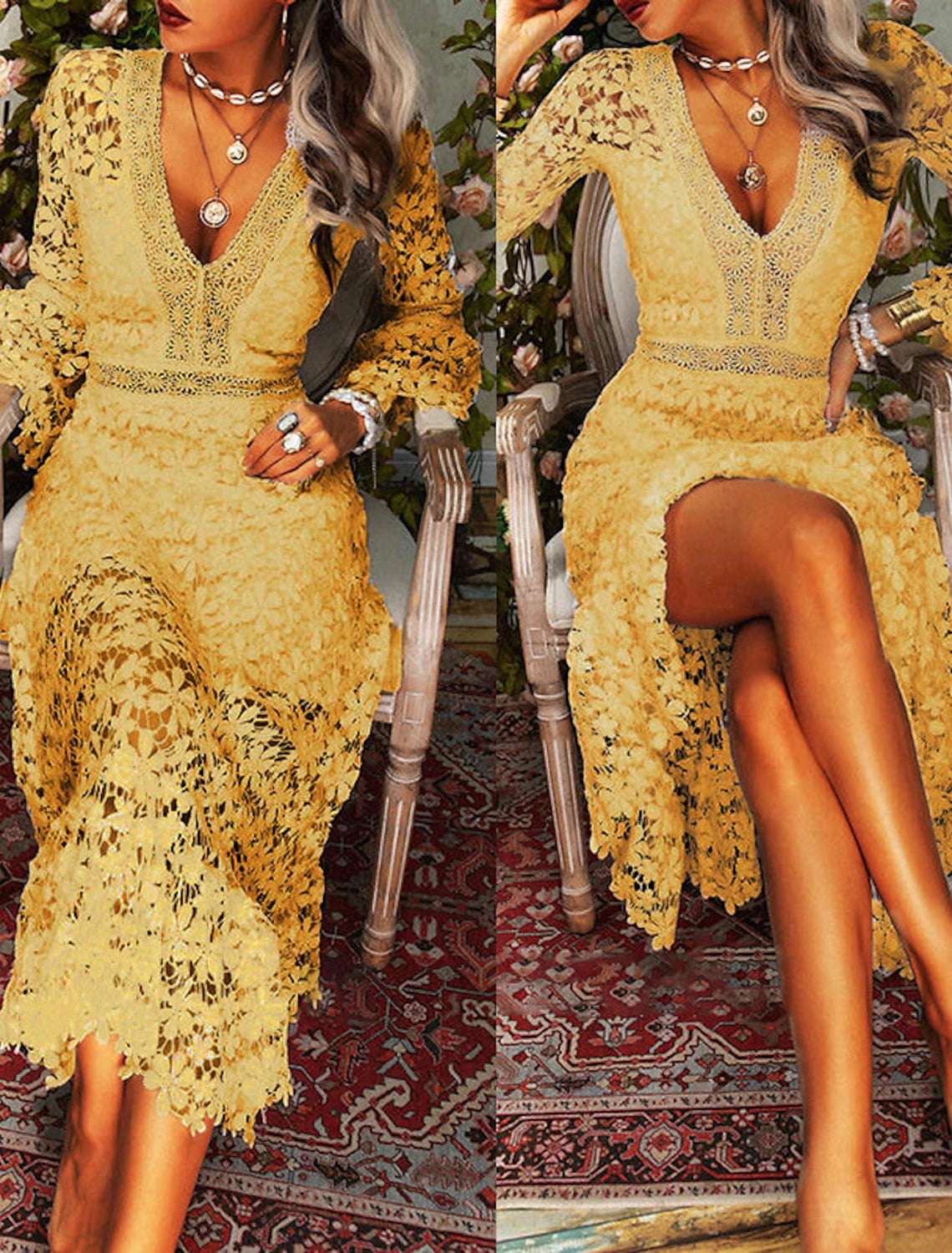 Wholesale Women's Party Dress Lace Dress Homecoming Dress Long Dress Maxi Dress White Yellow Pink Long Sleeve Pure Color Lace Summer Spring Fall Deep V Fashion Winter Dress Birthday Wedding Guest