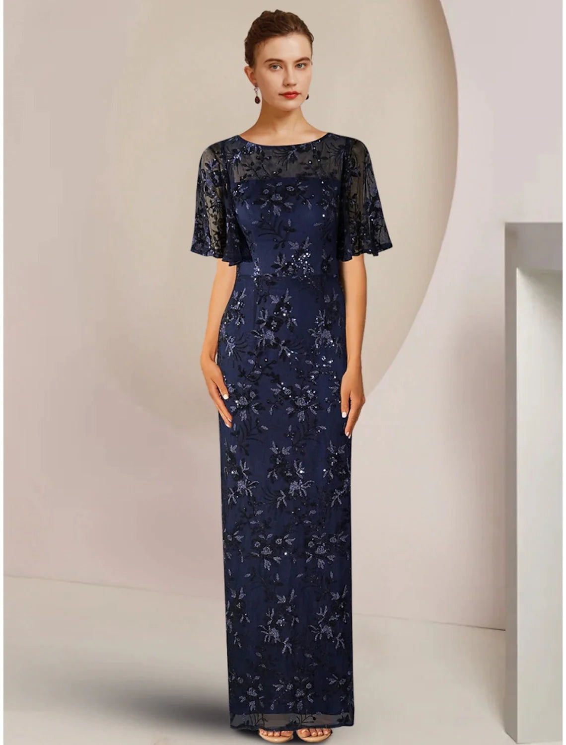 Wholesale Sheath / Column Mother of the Bride Dress Wedding Guest Sparkle & Shine Elegant Scoop Neck Ankle Length Sequined Short Sleeve with Sequin Solid Color