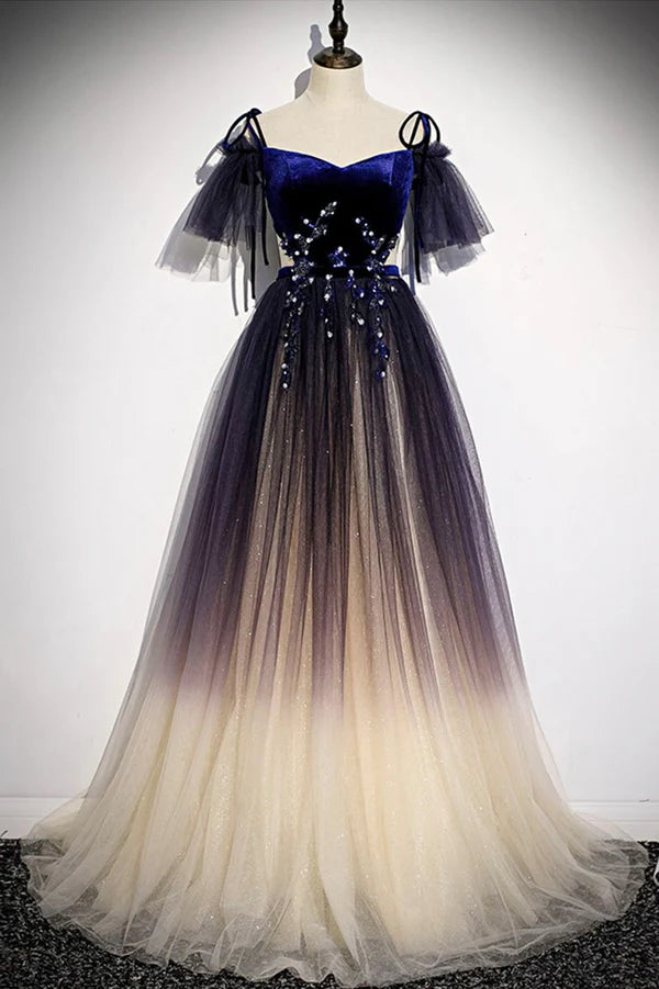 Wholesale Blue Gradient Tulle Long Formal Dress Off the Shoulder Evening Graduation Dress