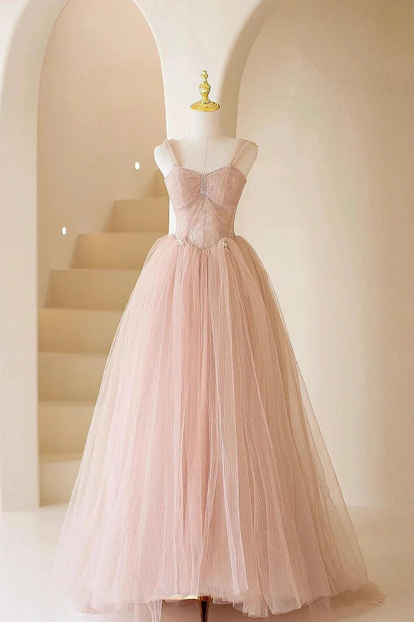 Wholesale Pink Tulle Lace Long Formal Dress Beautiful A-Line Off Shoulder Pink Prom Dress
